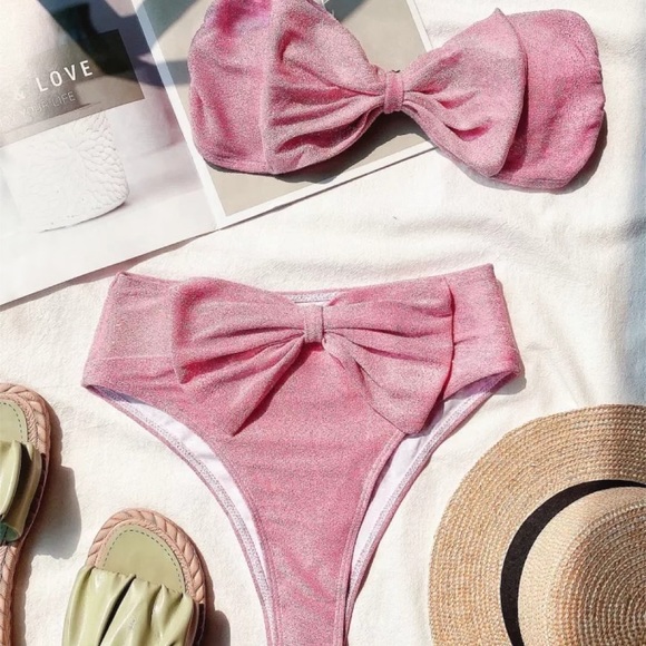 New! Parisian Princess Pink Bikini Set Bandeau Swimsuit Set, Vintage-Style S M - Picture 10 of 11